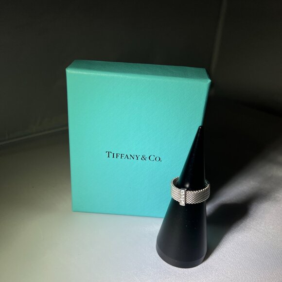Tiffany & Co Somerset 4 Diamond Ring Mesh Weave in Sterling Silver *RETIRED* - Picture 9 of 10